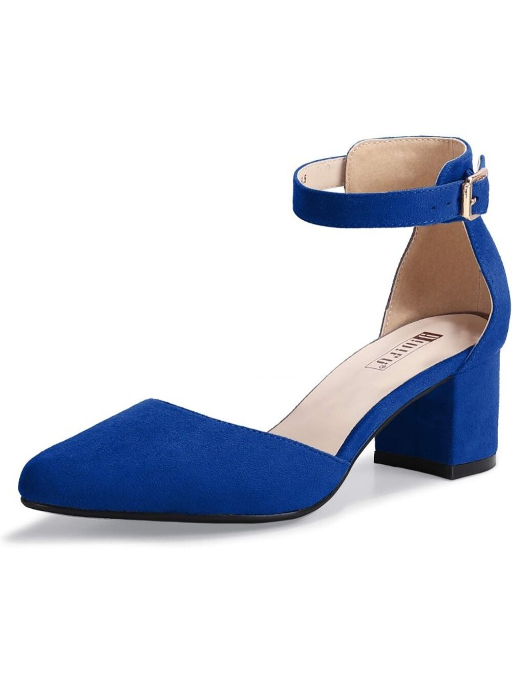 Women's Royal Blue Low Block Heels Pumps Chunky Closed Toe Ankle Strap Shoes